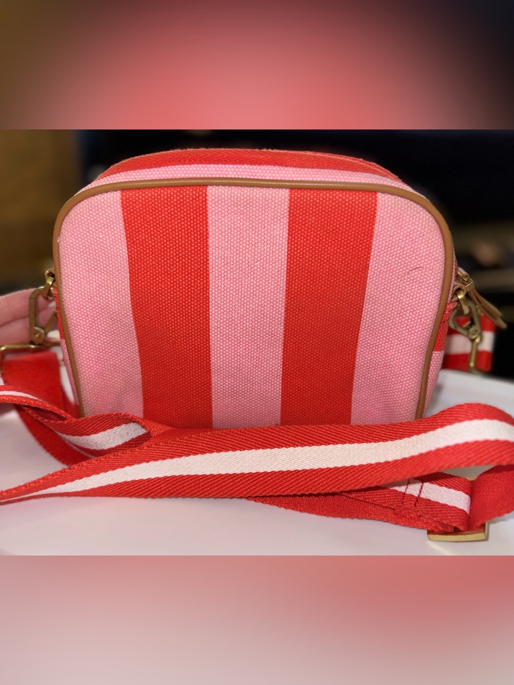 Boden: pink and red striped canvas cross body purse